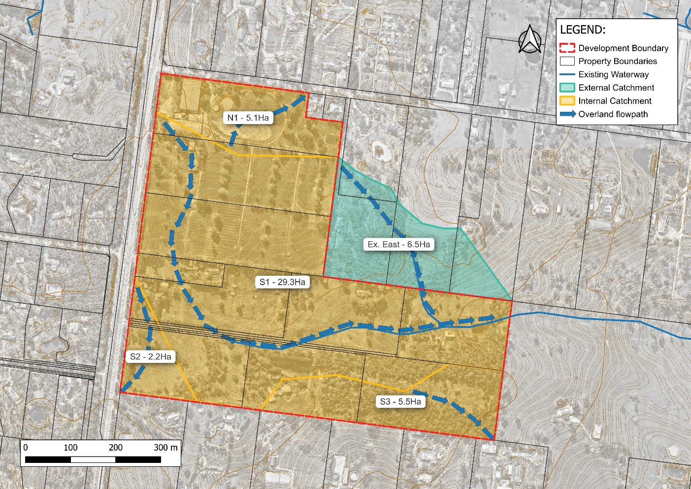 Existing conditions plan over an aerial photograph of the site: the development boundary outlined in red, internal catchments N1, S1, S2 and S3 shaded, the external eastern catchment shaded separately, and overland flowpaths running south and east to the existing waterway
