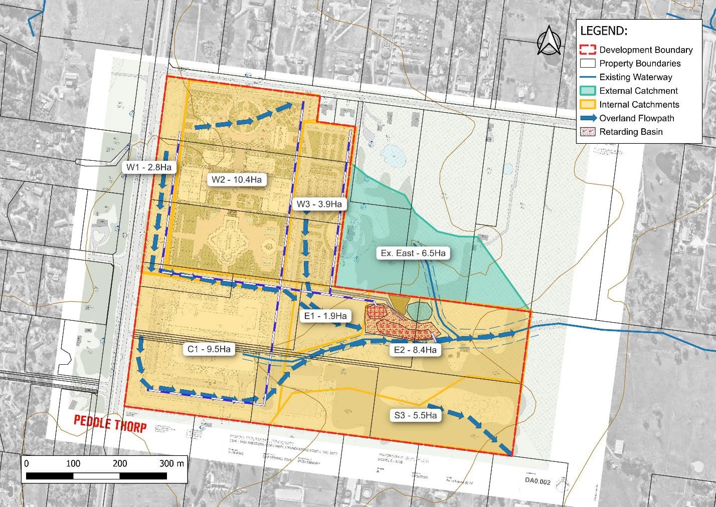 Post-development plan over the same aerial photograph: the proposed precinct laid over the site, catchments redrawn as W1, W2, W3, C1, E1, E2 and S3, a retarding basin at the centre-east, and overland flowpaths directed to it before discharging to the existing waterway